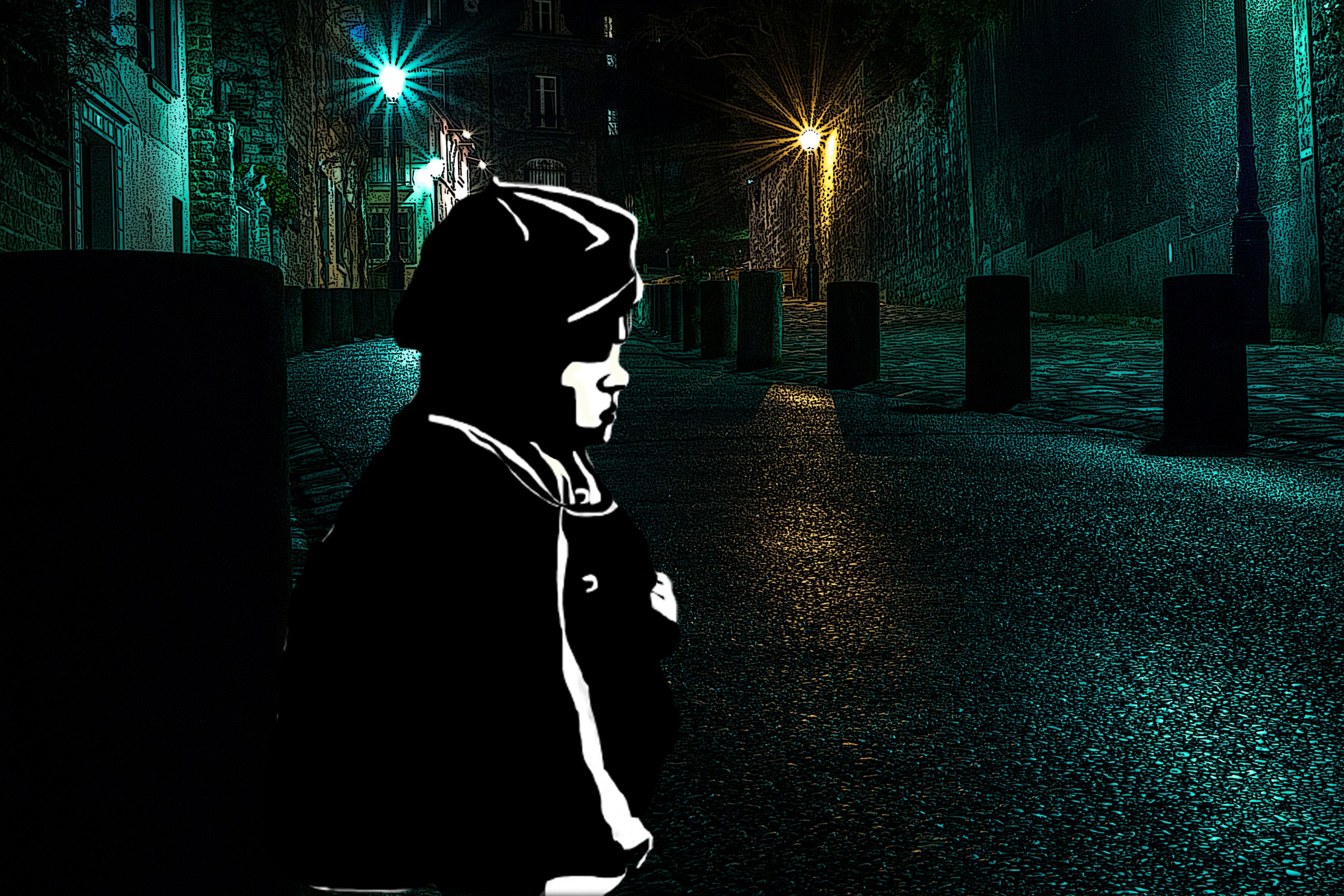 illustration of orphan on Paris street at night