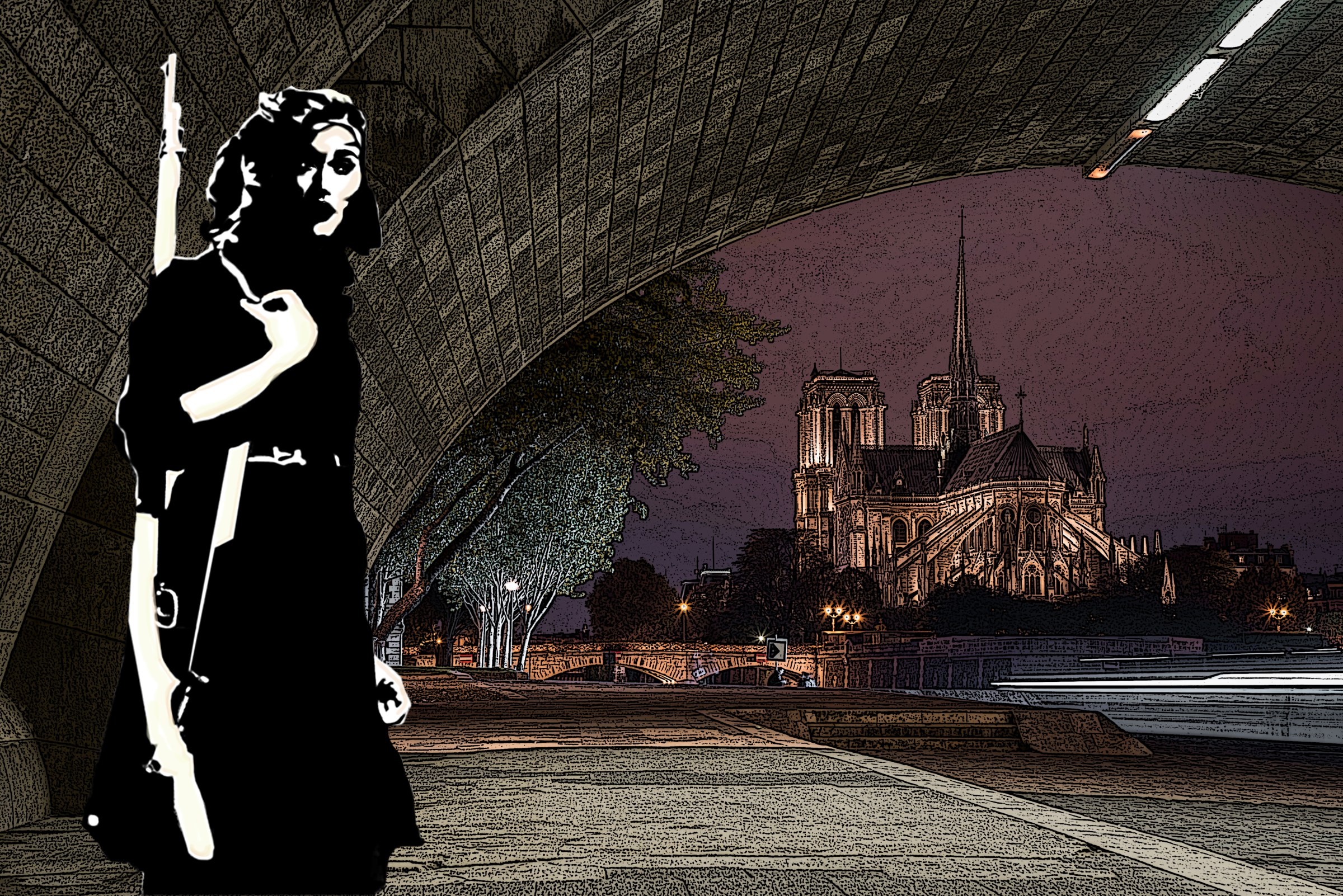 illustration of assassin under bridge with Notre Dame de Paris in the background