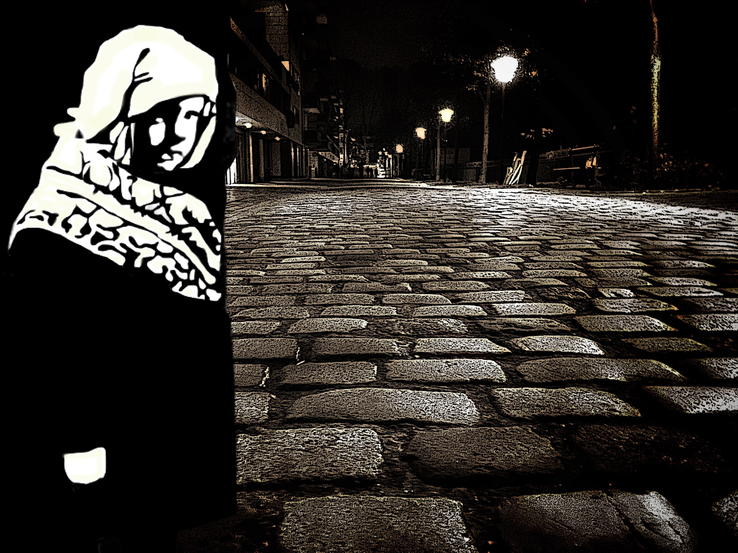 illustration of orphan on cobblestone street in Paris at night