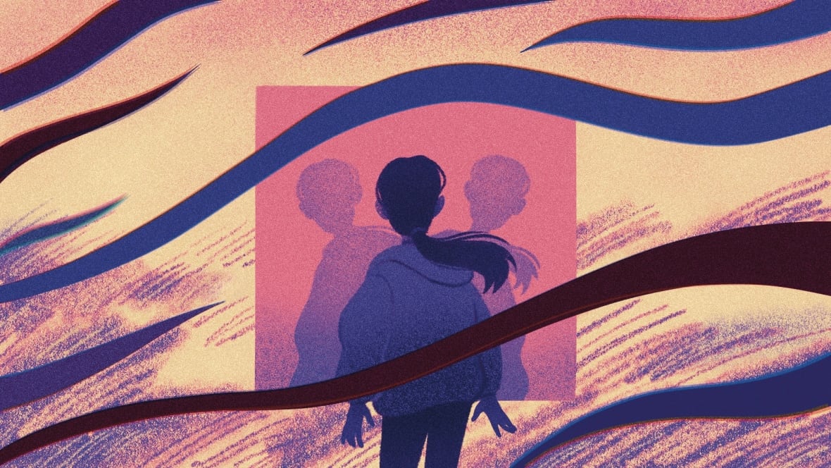 An illustration of a silhouette staring at a mirror with two reflections looking back