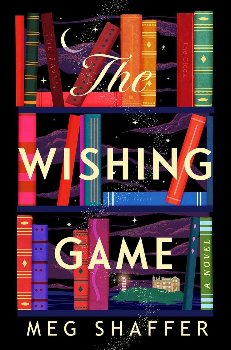 A book cover shows the title "The Wishing Game," by Meg Shaffer. 