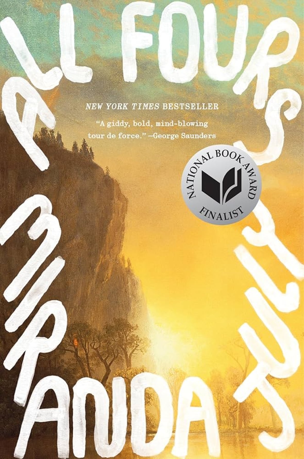 A book cover of a cliff over water with white writing on the border.