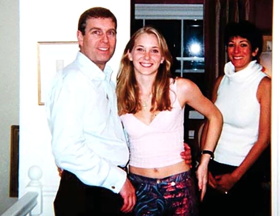 Photo of Prince Andrew, Virginia Roberts (age 17), and Ghislaine Maxwell at Maxwell's London townhouse.