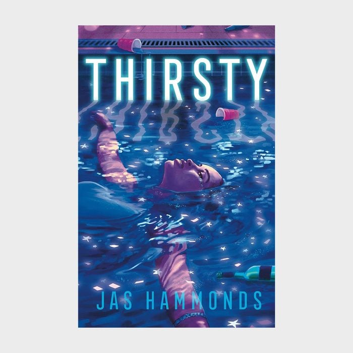 Person floats in a pool surrounded by scattered cups and bottles, under the text