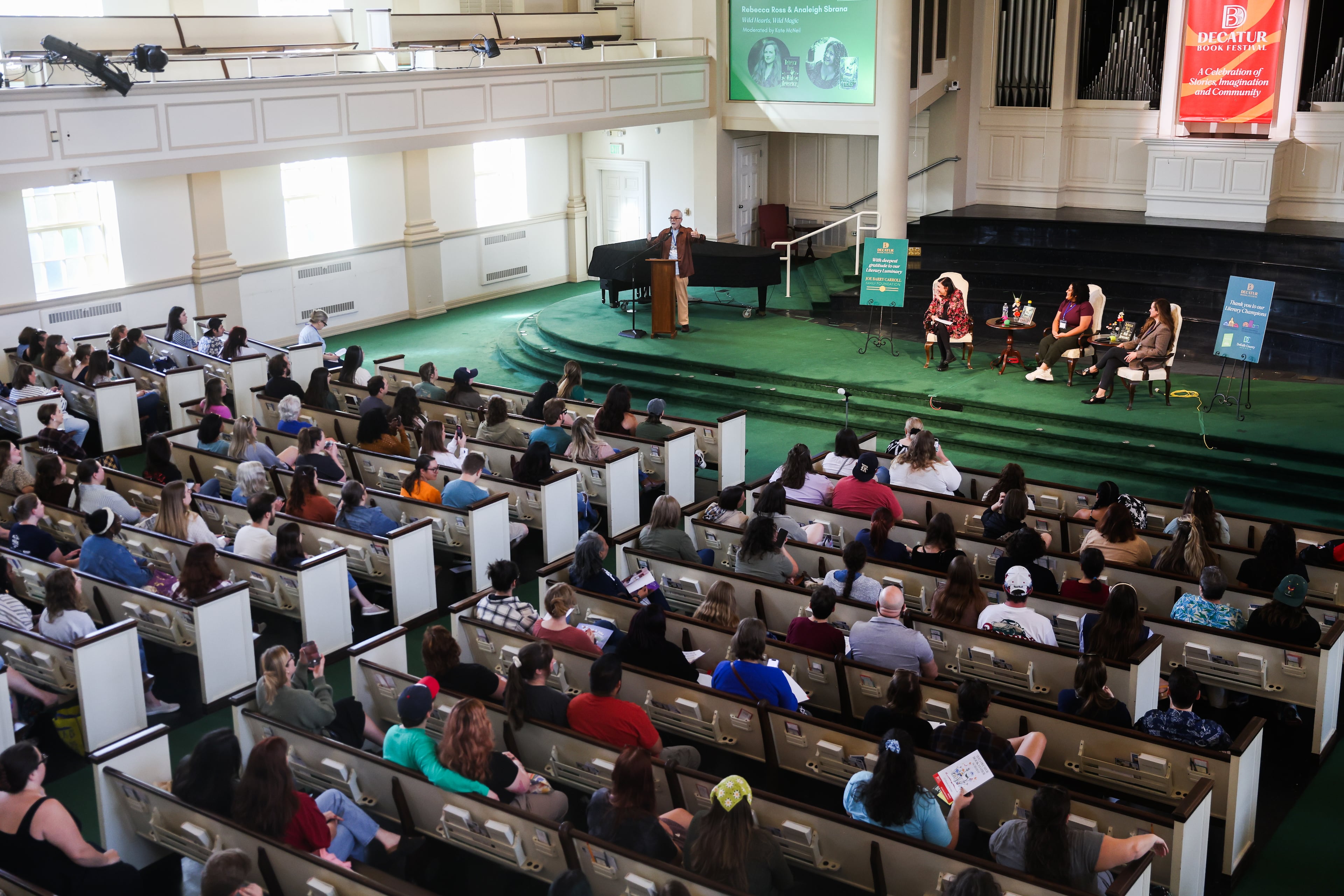 Festivalgoers attend one of the roughly 50 author panel during the Decatur Book Festival at First Baptist Church of Decatur on Saturday, Oct. 4, 2025. (Abbey Cutrer/AJC)
