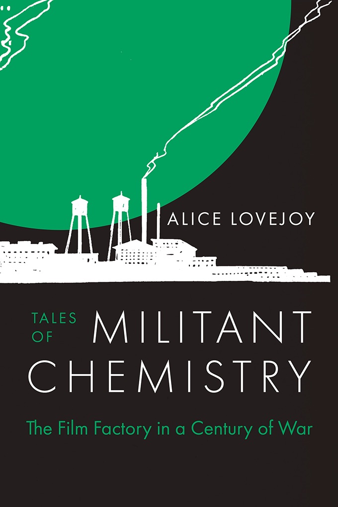 The book cover of Tales of Militant Chemistry showing the silhouette of a film factory over a black and green background