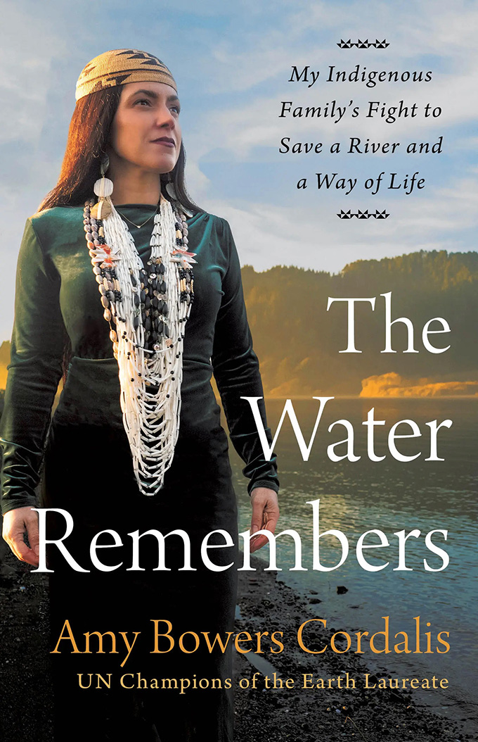 The book cover of The Water Remembers, showing a woman standing against a backdrop of water and land.