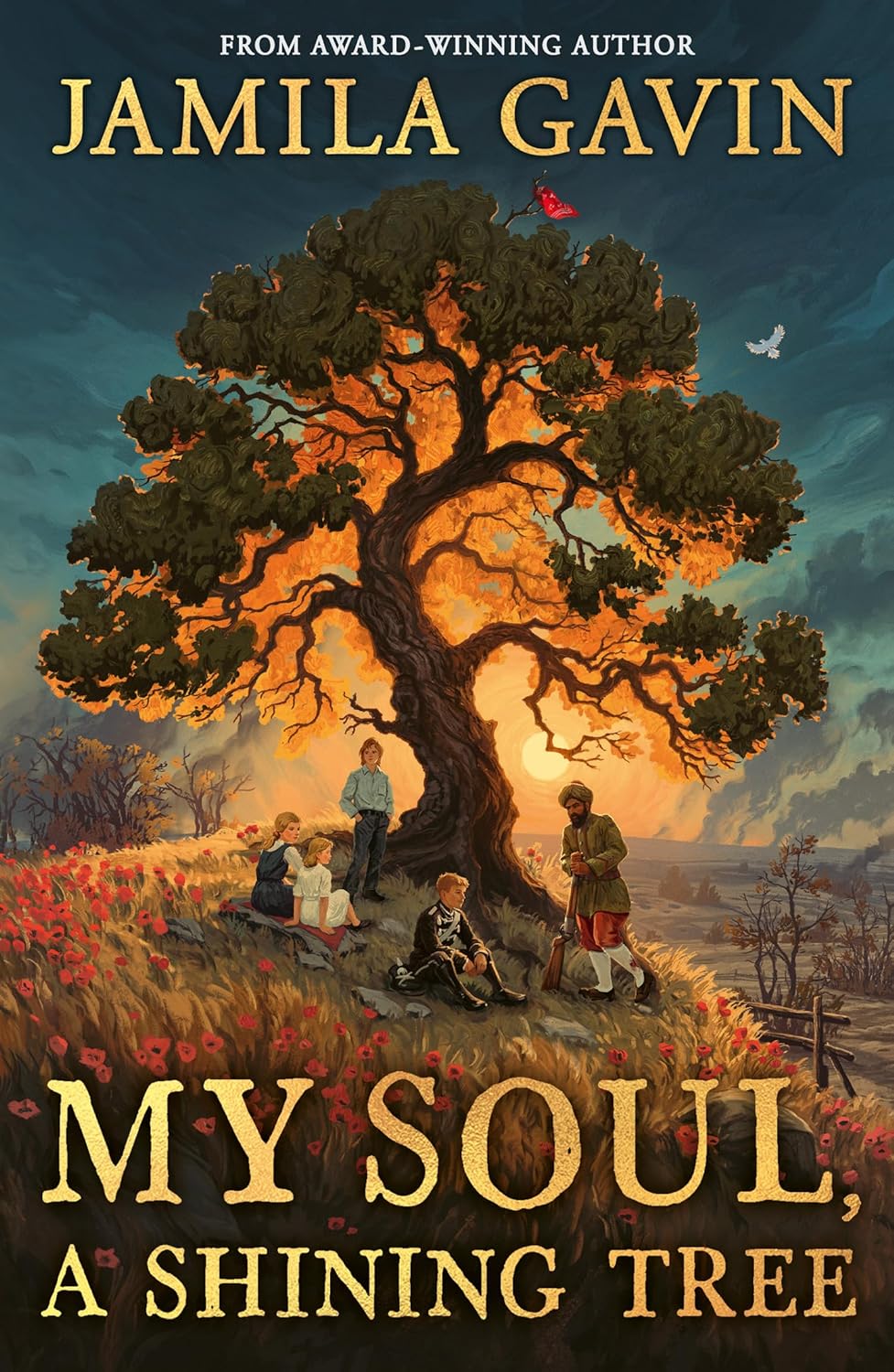 Illustration of children and a man standing near a large tree at sunset; book cover for "My Soul, a Shining Tree" by Jamila Gavin.