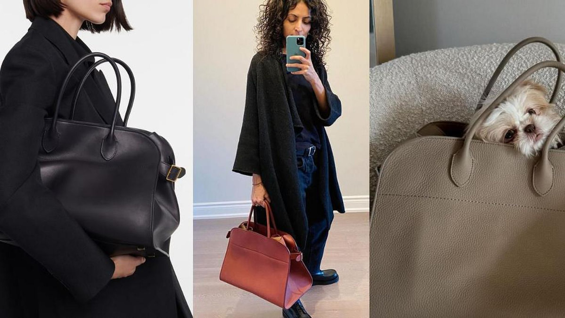 Three views of The Row’s Margaux bag in black, burgundy, and beige.