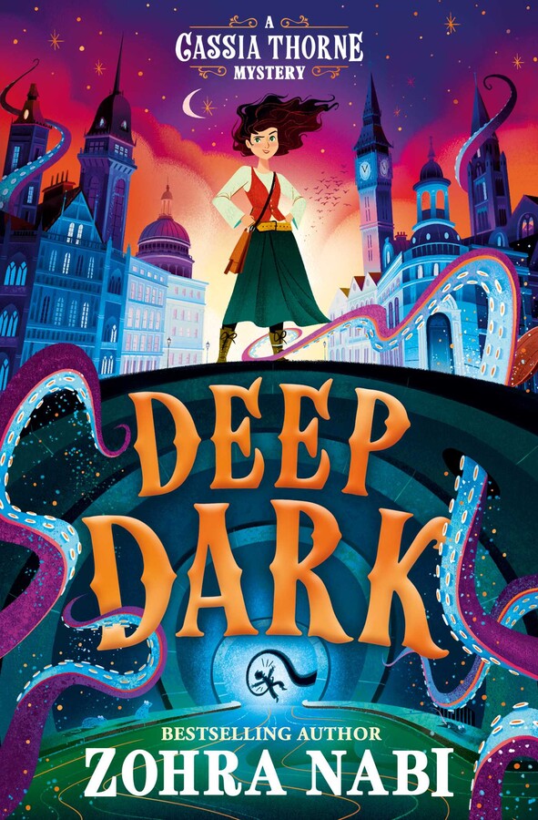 Illustration of a girl standing in a city with tentacles, book cover for "Deep Dark" by Zohra Nabi.