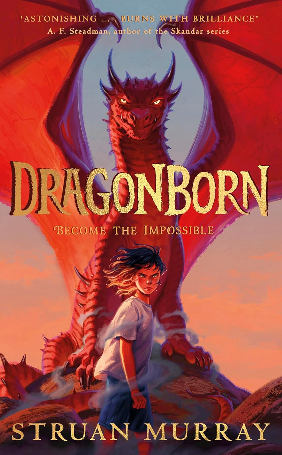 Illustration of a book cover featuring a girl standing behind a large red dragon; the title is "Dragonborn."