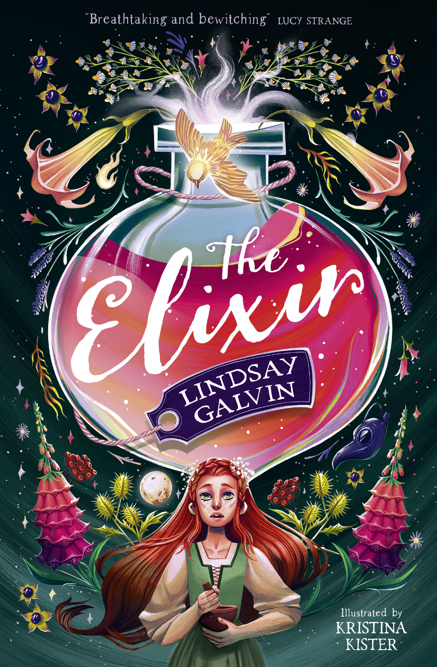Illustration of a girl with long red hair holding a bowl, standing in front of a large bottle labeled “The Elixir,” surrounded by flowers and a small bird.