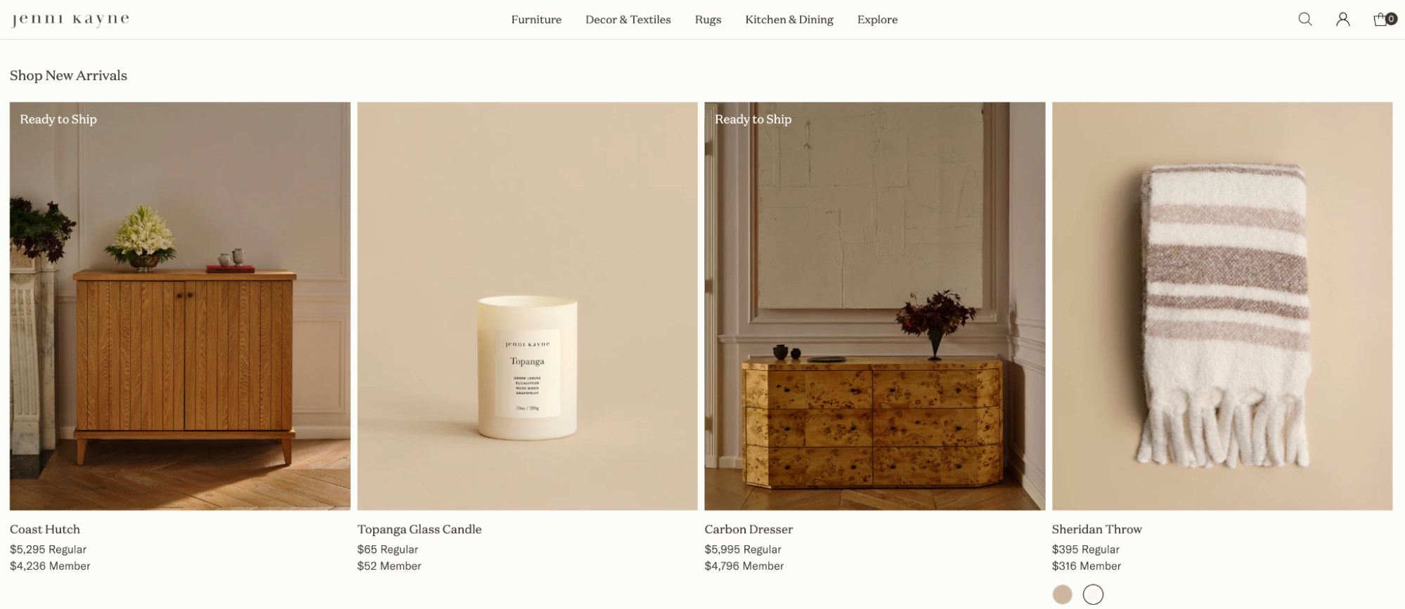 Jenni Kayne’s online shop showcasing minimalist home goods, furniture, and lifestyle pieces.