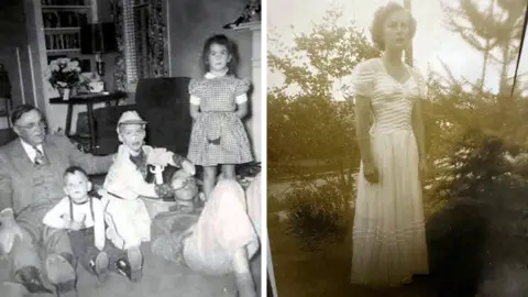 Dr Edwin Lee Conner/Harper Lee Estate On the left: Sepia photo of young Harper Lee in short brown wavy hair, in cream white lacey dress with trees behind her.
On the right: Black and white photo of Harper Lee's grandfather in a suit sitting on the floor with his grandchildren. Including Ed Lee with a hat in white shirt and trousers and Molly standing up in a checked dress with her arms behind her back