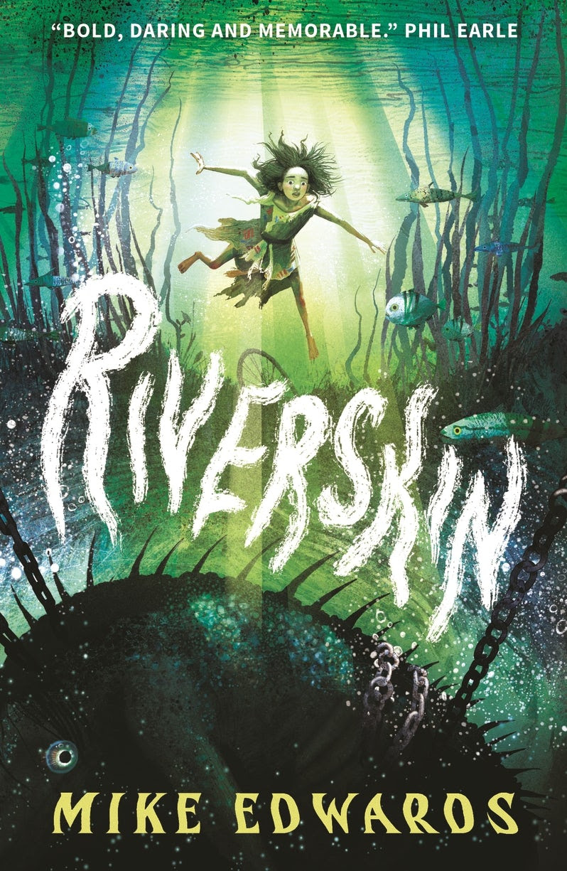 Illustration of Riverskin book cover: girl swimming underwater.