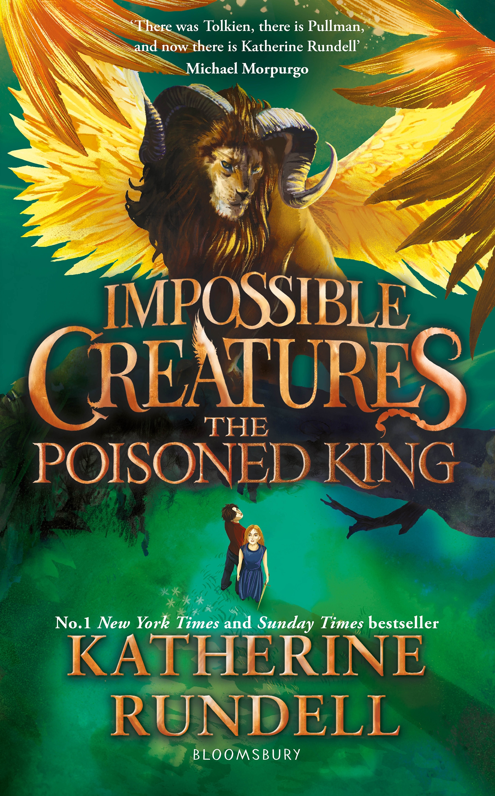 Illustration of the book cover for Impossible Creatures: The Poisoned King by Katherine Rundell, featuring a winged lion-like creature and two children.