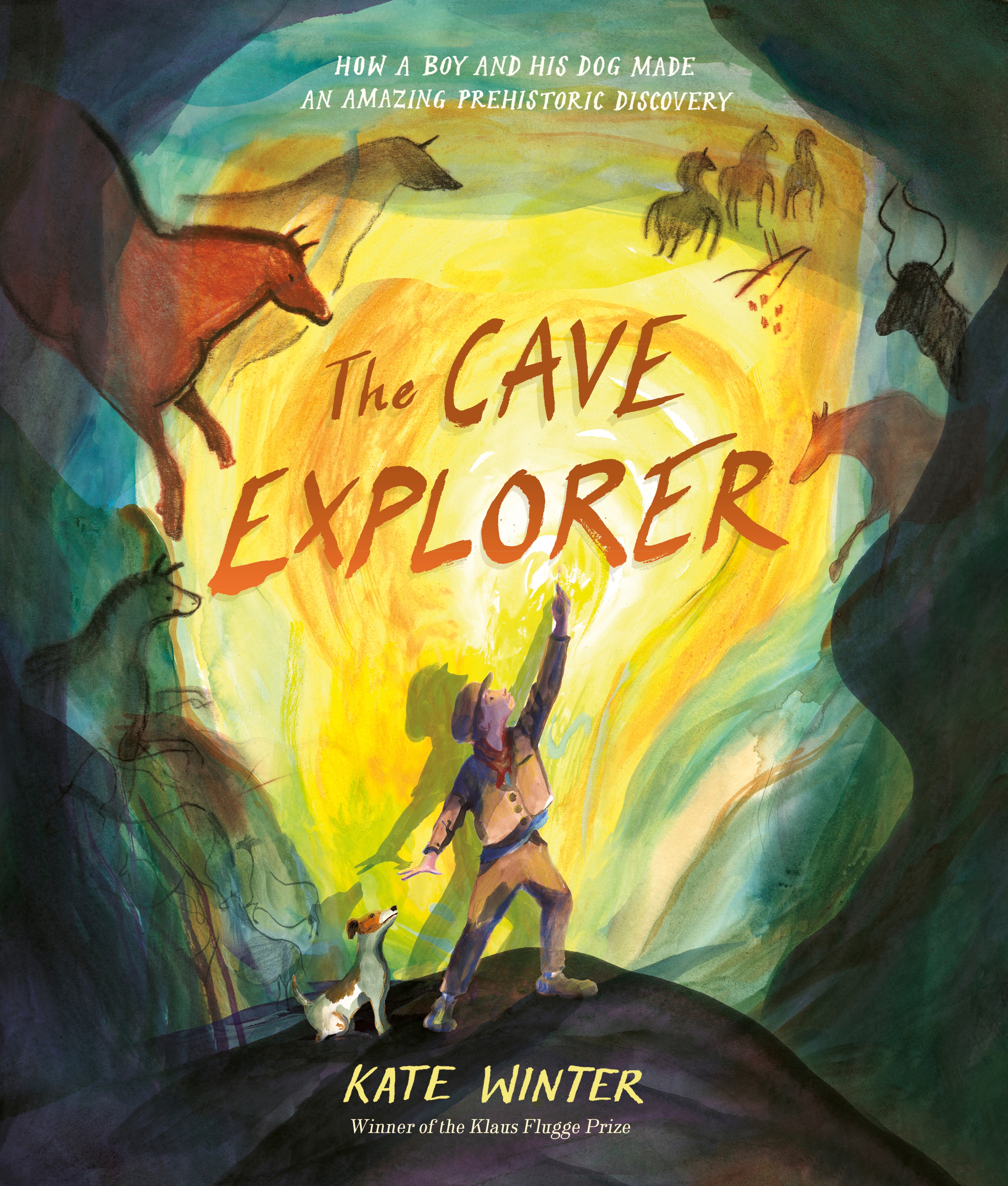 Illustration of a boy and his dog exploring a cave with prehistoric paintings on the walls.
