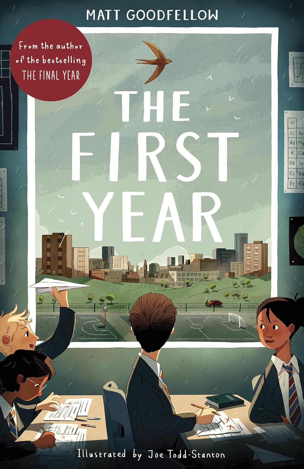 Illustration of children in school uniforms looking out a window at a city; book cover for "The First Year".