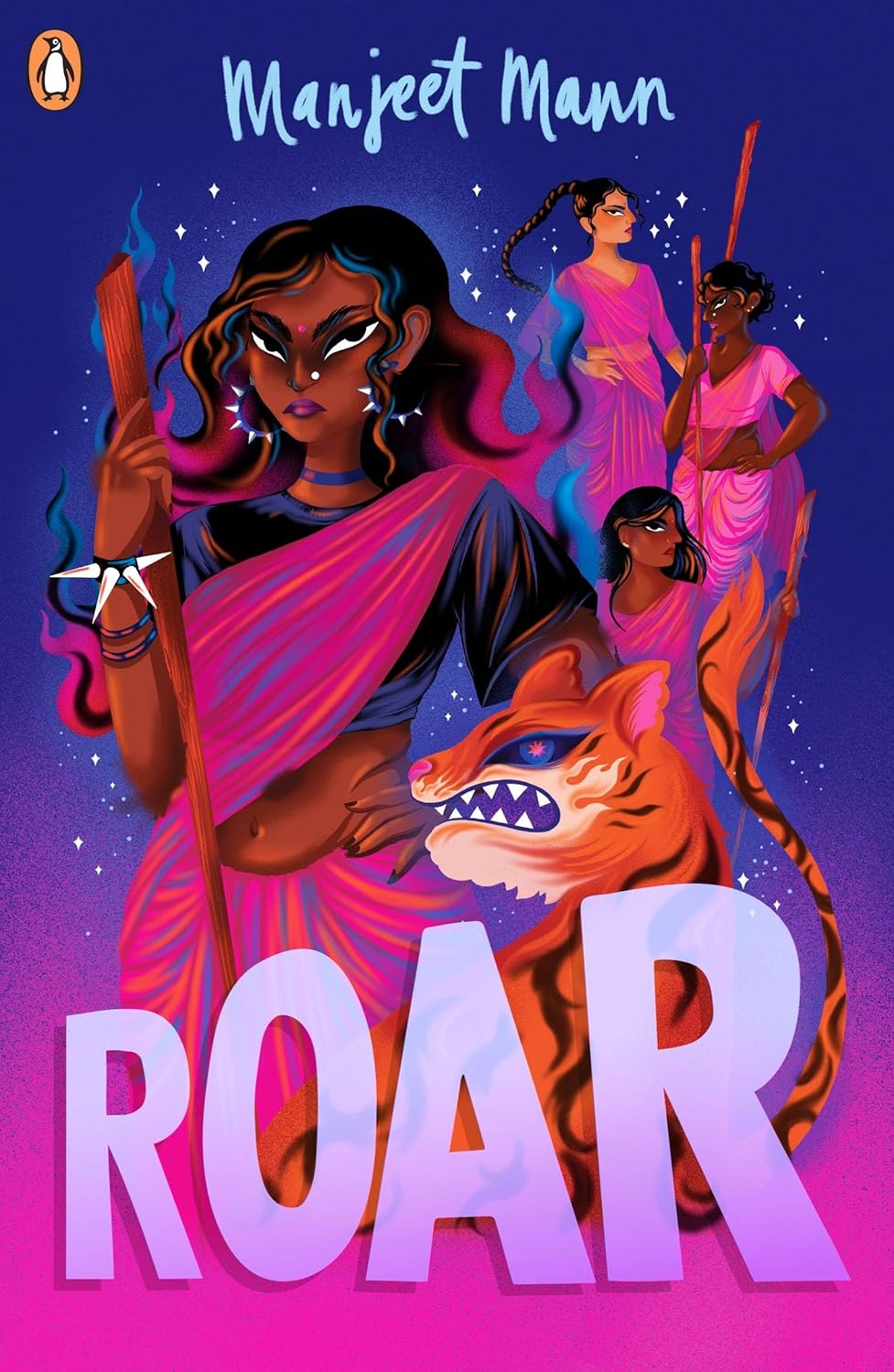 Illustration of a woman in a pink sari holding a staff, standing with a tiger, and other women in saris behind her, against a starry background.