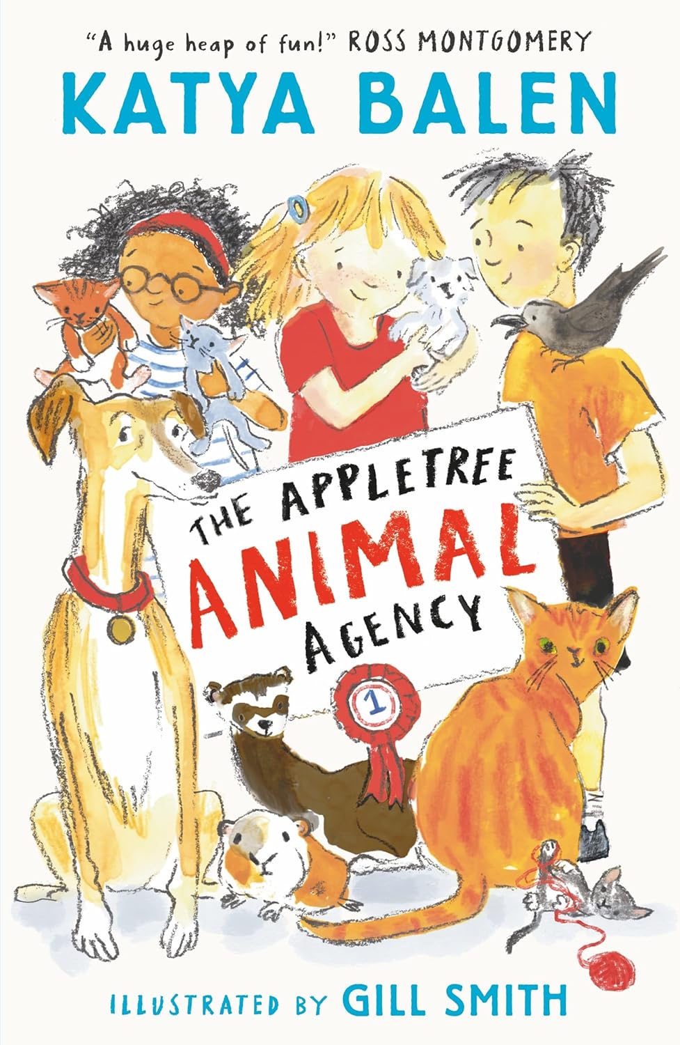 Illustration of three children and a variety of animals, including a dog, cat, ferret, guinea pig, and bird, holding a sign that says "The Appletree Animal Agency."
