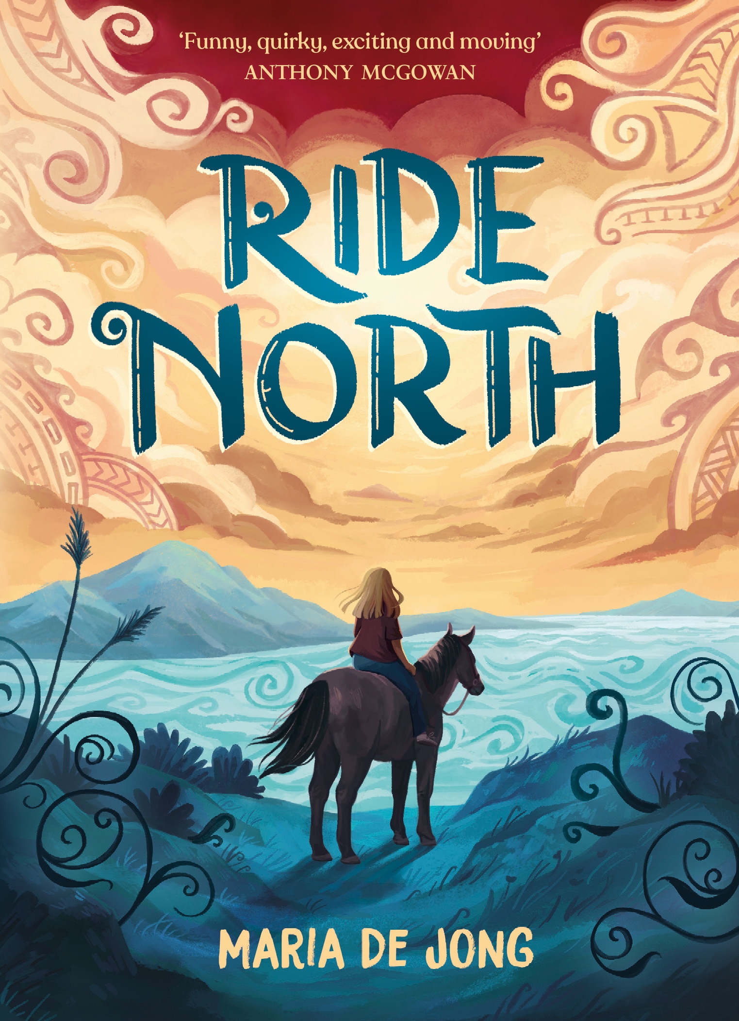 Illustration of the book cover for "Ride North" by Maria De Jong, depicting a person on horseback overlooking a body of water with mountains in the background under a cloudy sky.