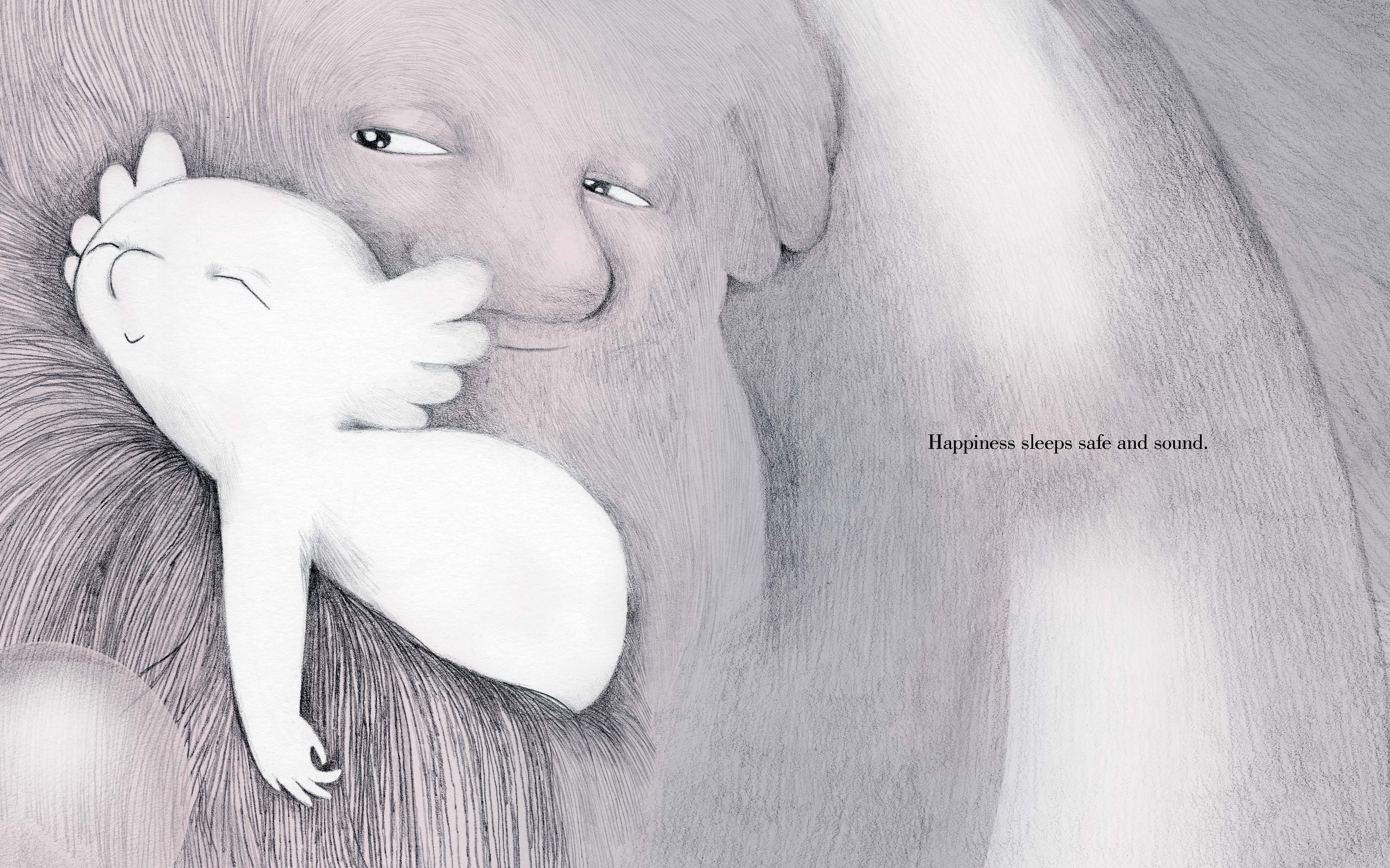 Illustration of a creature with large eyes looking at a smaller, winged, sleeping creature in a child's book about feelings.