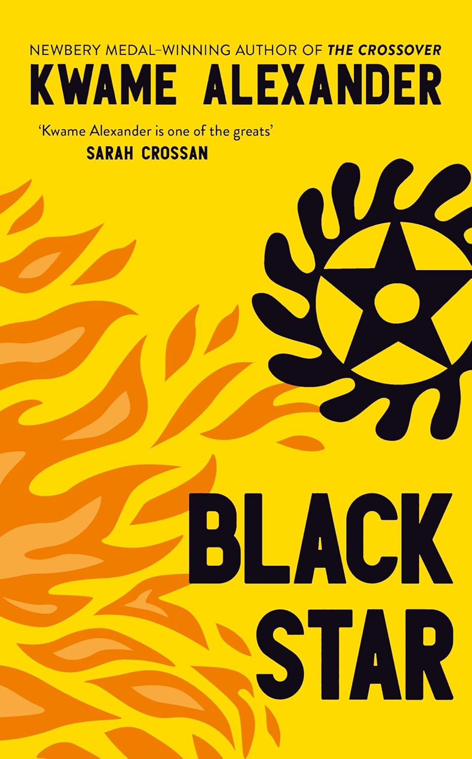Illustration of the book cover for "Black Star" by Kwame Alexander, featuring the title in large black letters on a yellow background with orange flame-like shapes and a black starburst design.
