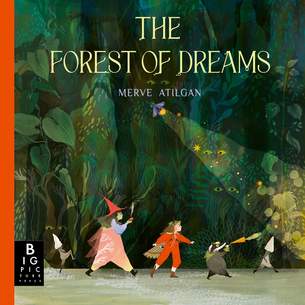 Illustration of the book cover "The Forest of Dreams" featuring a witch, a child, and animal characters in a mystical forest.