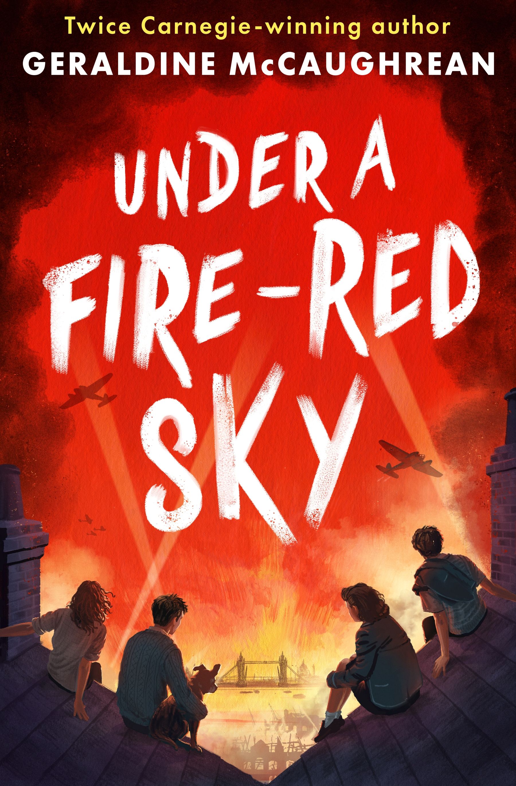 Illustration of the book cover "Under a Fire-Red Sky" depicting four people and a dog on a rooftop watching planes fly over London at sunset.