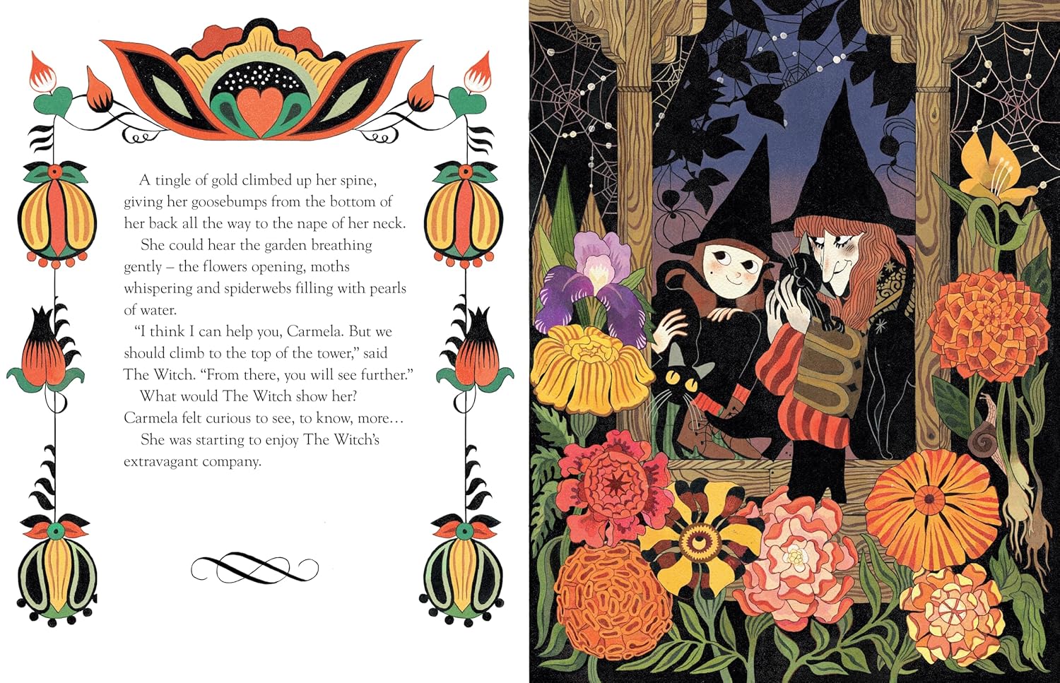 Illustration of two witches with black cats among flowers and spiderwebs, next to a page of text from "The Witch in the Tower" by Júlia Sardà.