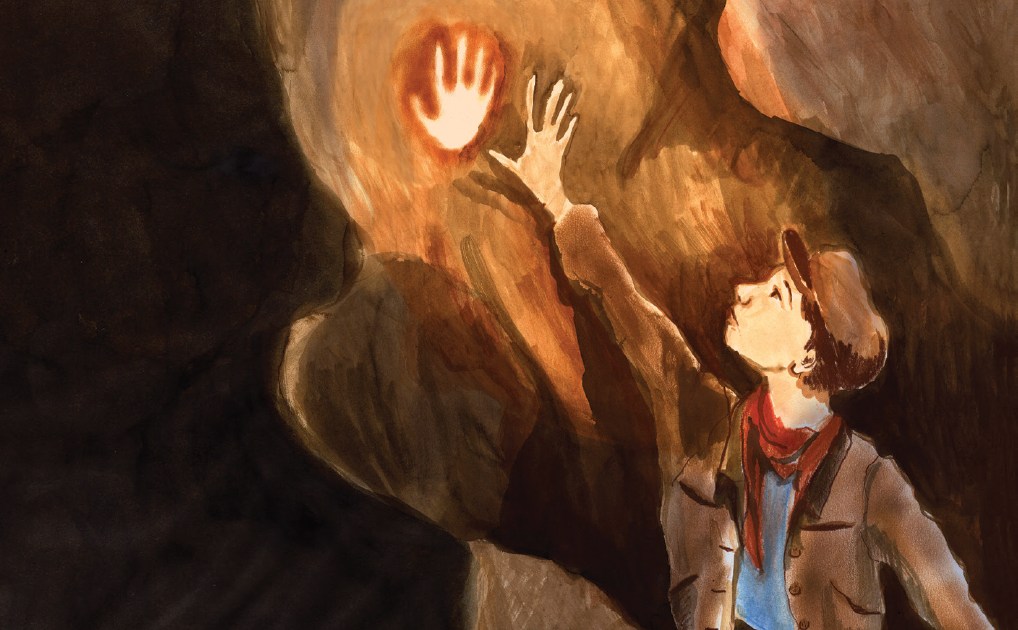 Illustration of a child explorer in a cave reaching up to touch a glowing handprint on the cave wall.