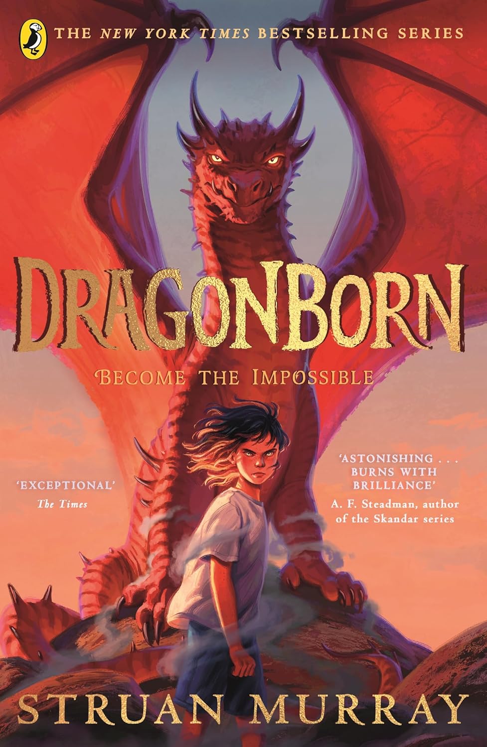 Illustration of a young person in front of a red dragon.